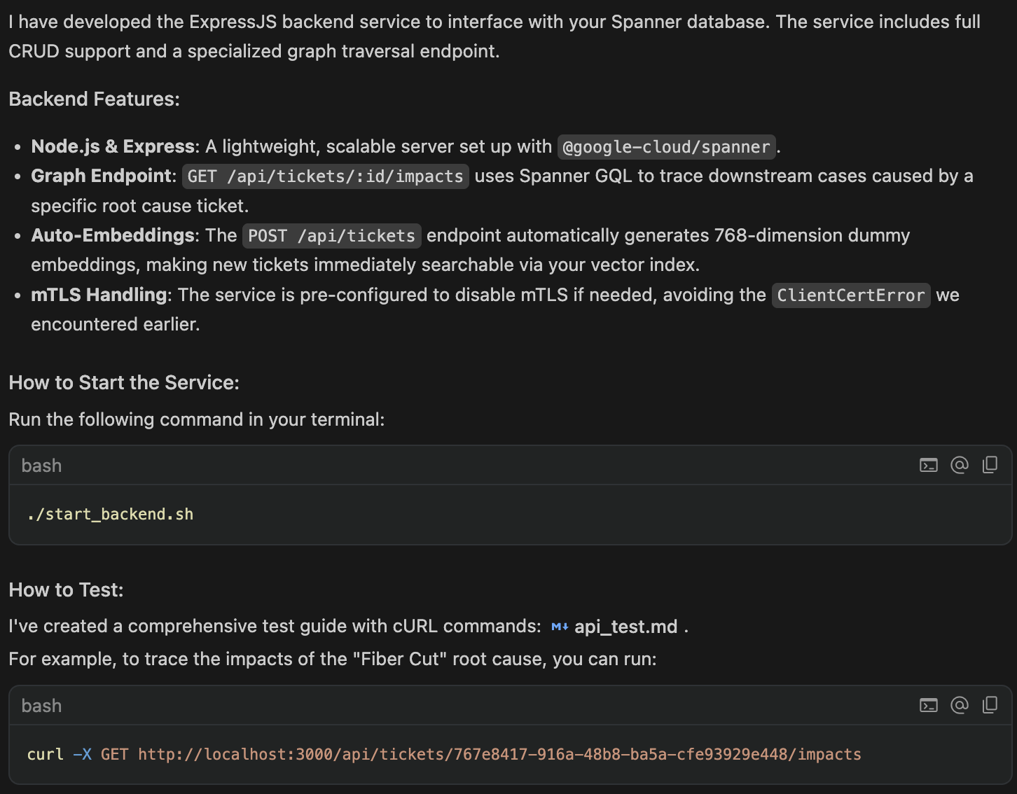 Agent output showing generated ExpressJS backend