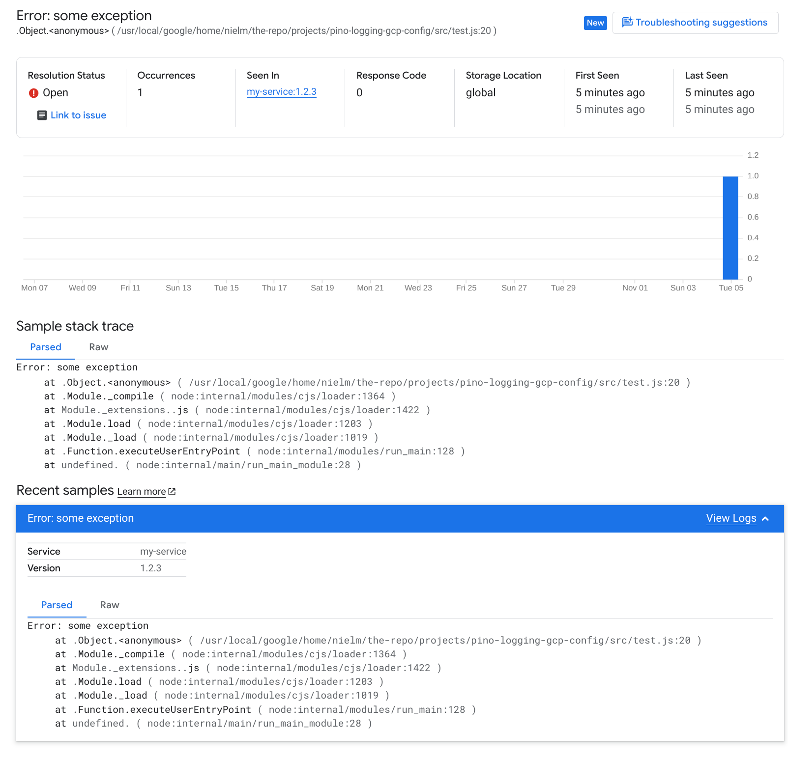 Screenshot from Cloud Error Reporting