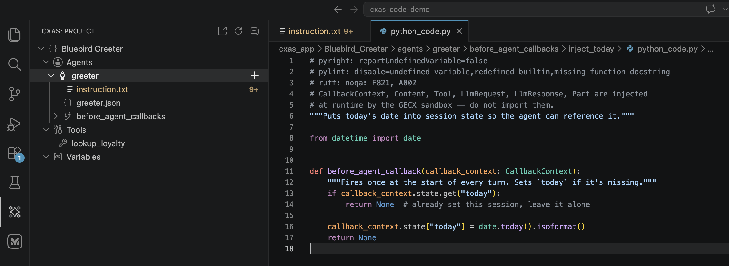inject_today/python_code.py open in the editor showing the lint header and the before_agent_callback function