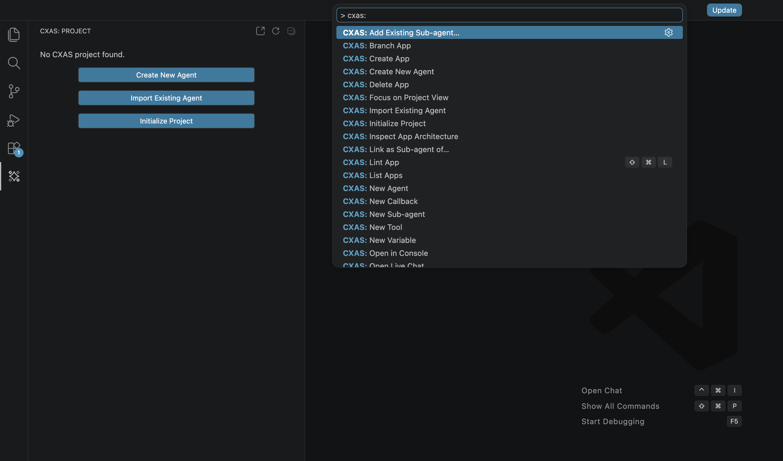 Command Palette filtered to 'CXAS:' showing the list of commands like Branch App, Create App, Lint App, Push App, etc.