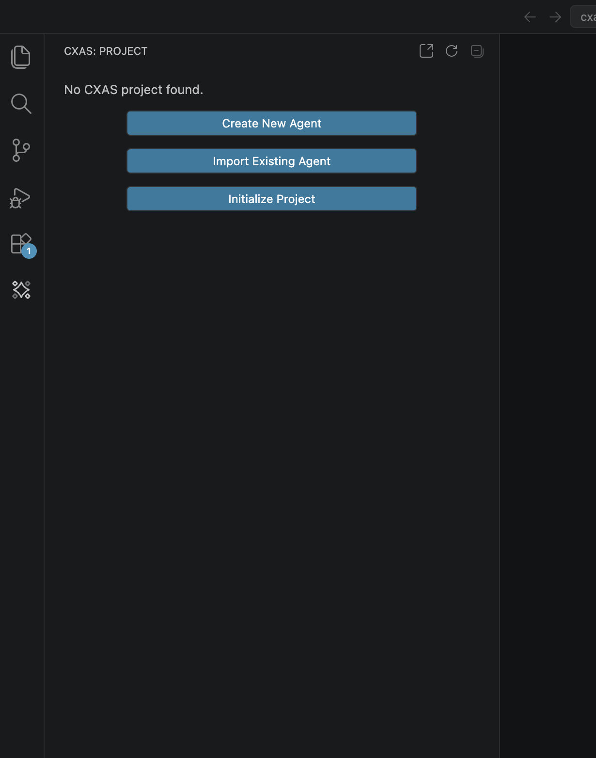 Empty project welcome screen with three buttons: Create New Agent, Import Existing Agent, Initialize Project
