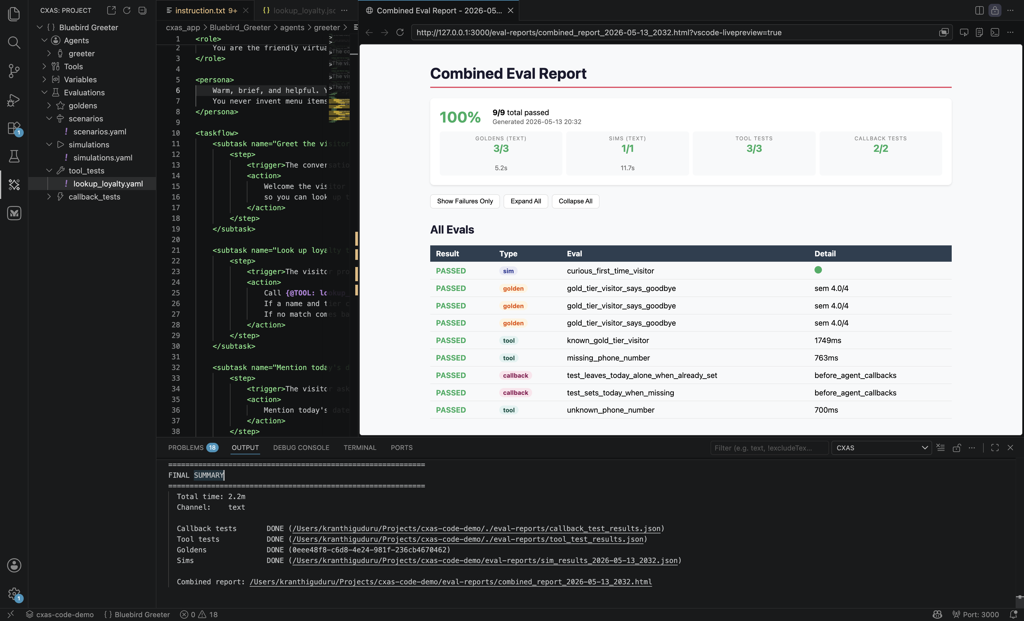 Combined Eval Report webview showing 100% pass rate (9/9 total passed), summary tiles for SIMS (3/3), GOLDENS (1/1), TOOL TESTS (3/3), CALLBACK TESTS (2/2), and a per-eval table with Result, Type, Eval, and Detail columns