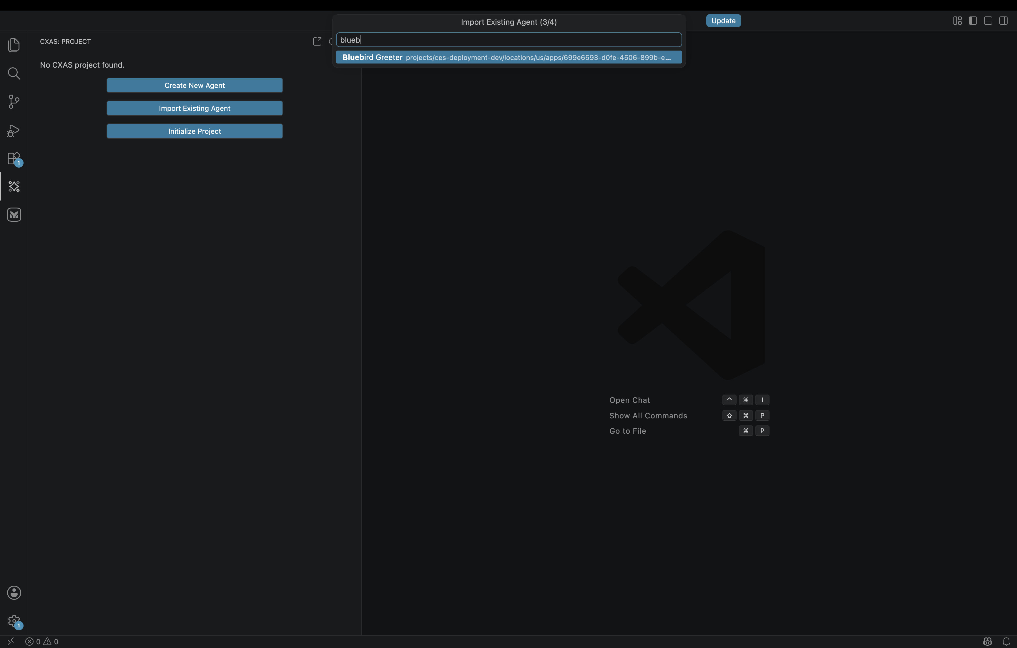 Import Existing Agent (3/4) QuickPick titled with the search field showing 'blueb' typed and 'Bluebird Greeter' highlighted with its full resource name 'projects/ces-deployment-dev/locations/us/apps/699e6593-d0fe-4506-899b-e...' on the right