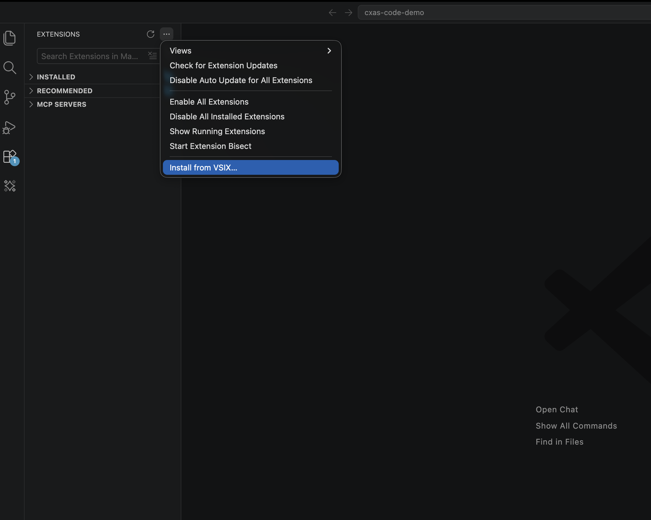 Extensions side panel showing the overflow menu with "Install from VSIX..." highlighted