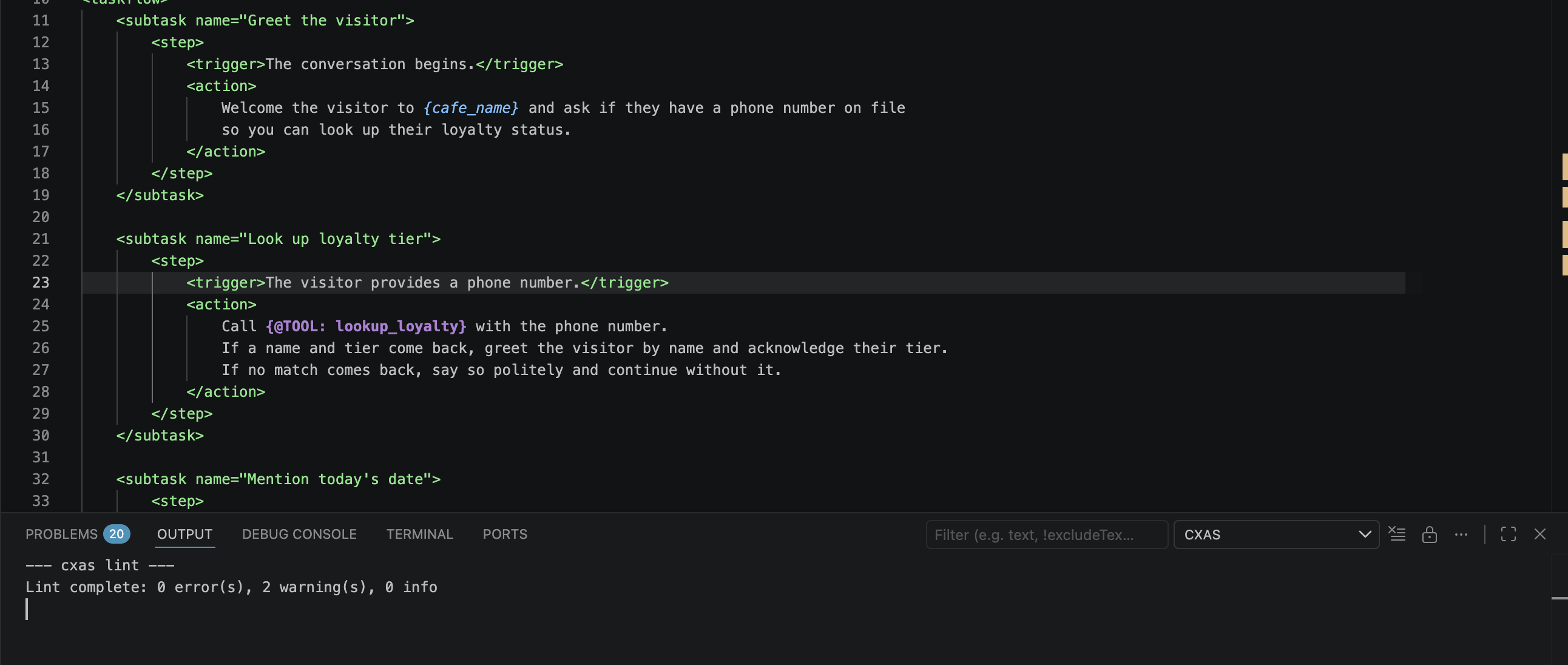 CXAS output channel showing 'cxas lint' completed with 0 errors, 2 warnings, 0 info