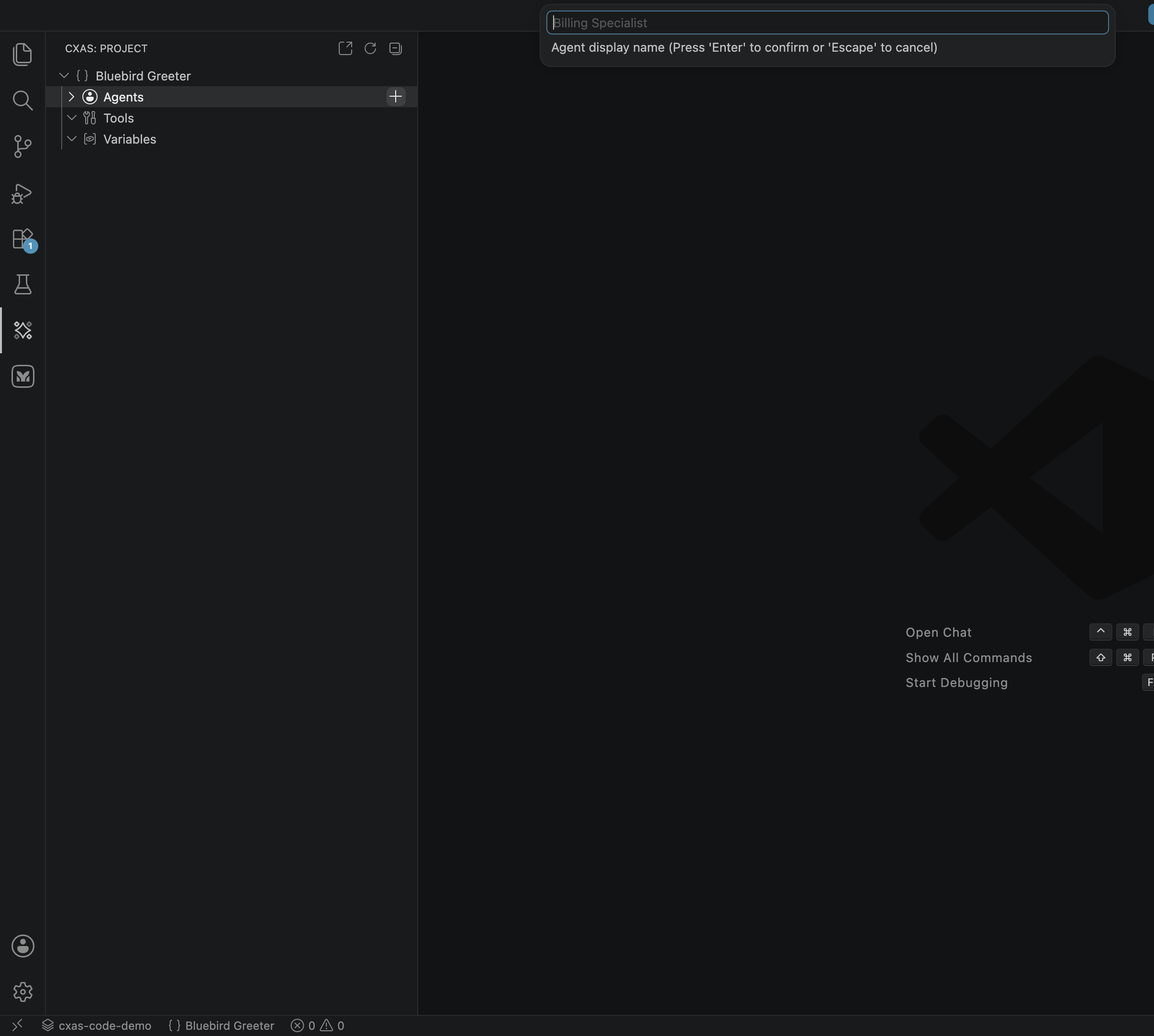 Input prompt 'Agent display name' next to the Project tree with the Agents row highlighted and the + button visible