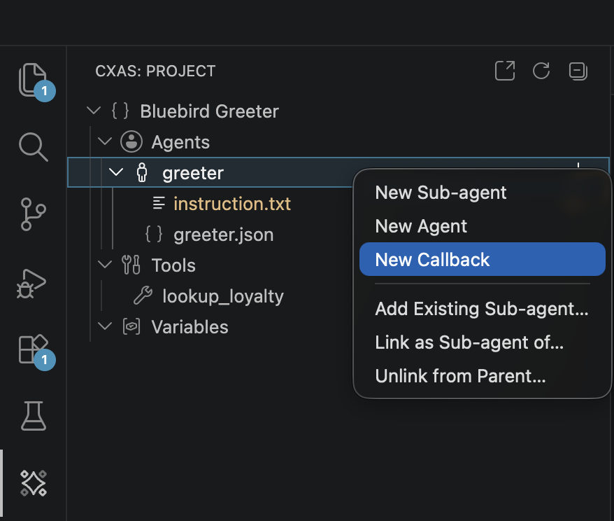 Right-click context menu on the greeter agent showing New Sub-agent, New Agent, New Callback (highlighted), Add Existing Sub-agent, Link as Sub-agent of, Unlink from Parent