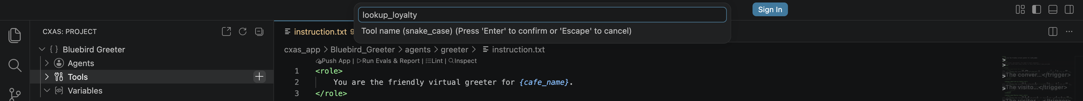 Input prompt 'Tool name (snake_case)' next to the Project tree with the Tools row highlighted