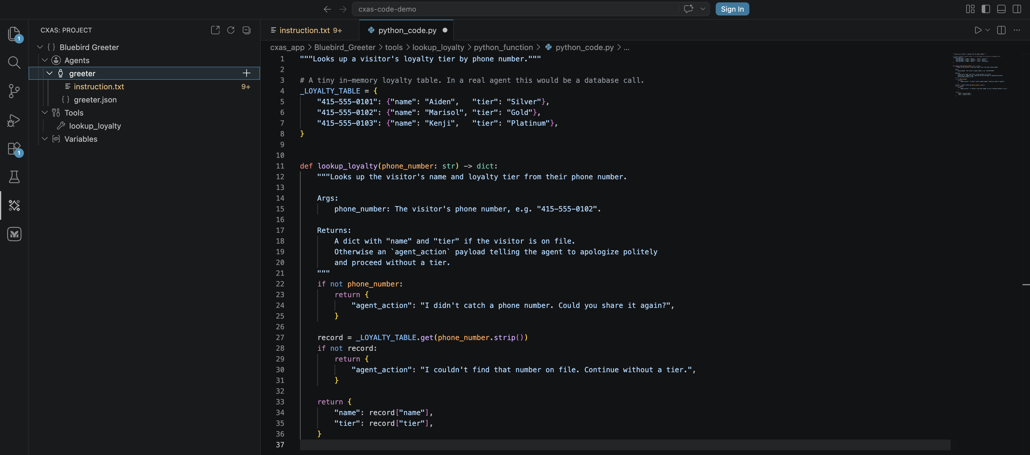 python_code.py for lookup_loyalty open in the editor showing the _LOYALTY_TABLE dict and the lookup_loyalty function body