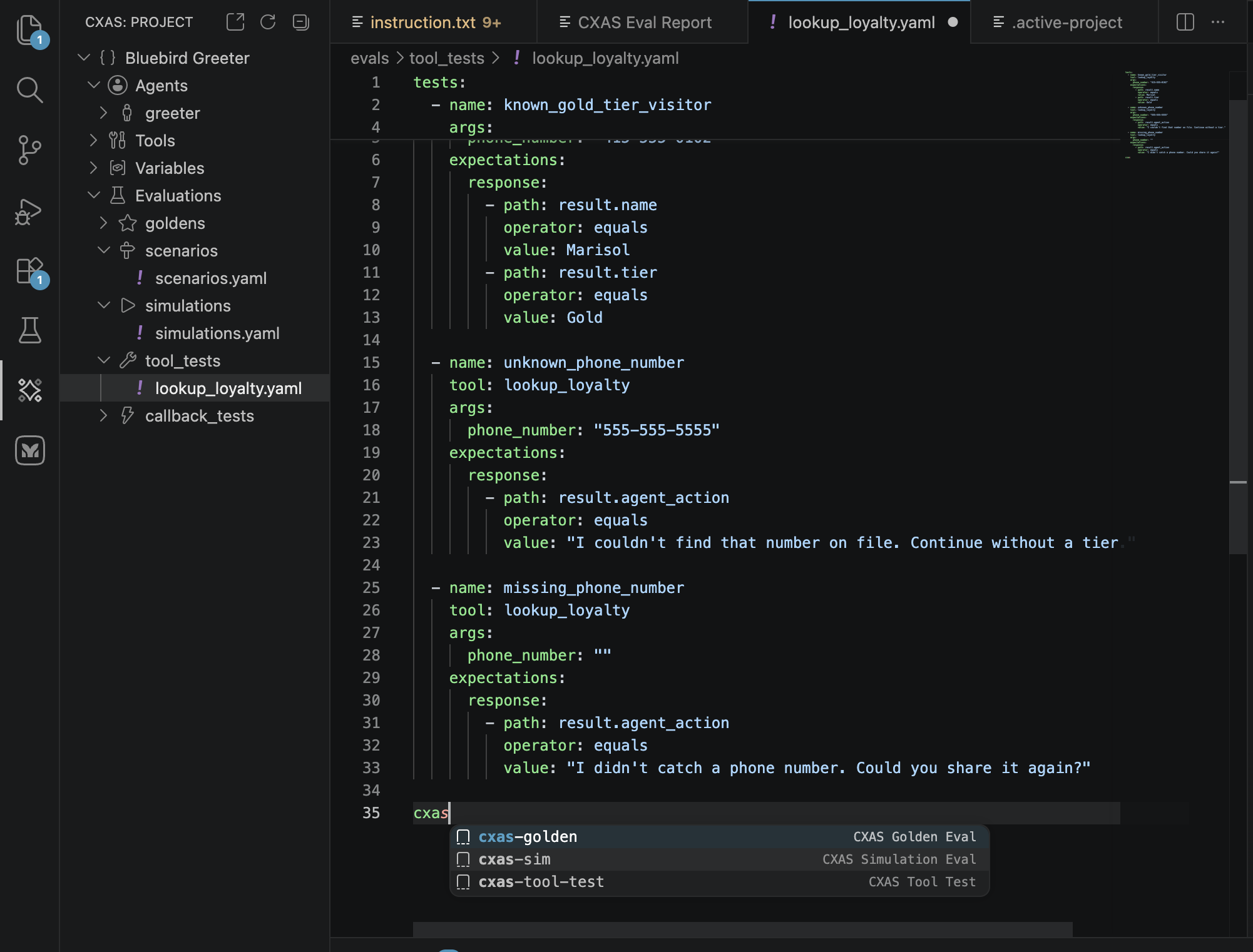 evals/tool_tests/lookup_loyalty.yaml open in the editor with 'cxas' typed at the bottom and a completion popup showing three options: cxas-golden (CXAS Golden Eval), cxas-sim (CXAS Simulation Eval), cxas-tool-test (CXAS Tool Test)