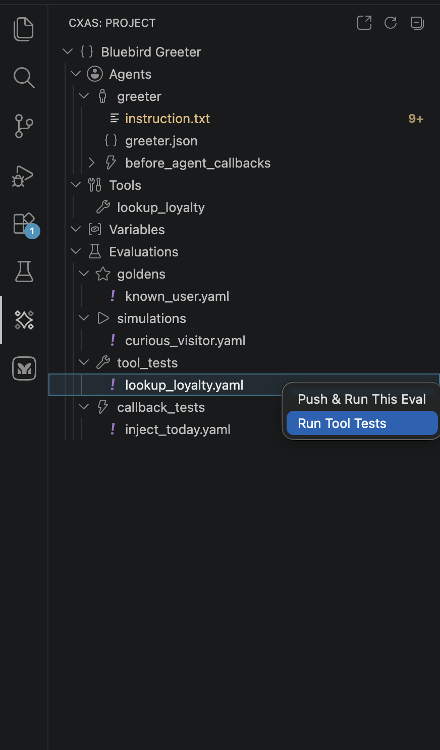 Right-click context menu on lookup_loyalty.yaml under tool_tests showing 'Push & Run This Eval' and 'Run Tool Tests' (highlighted)