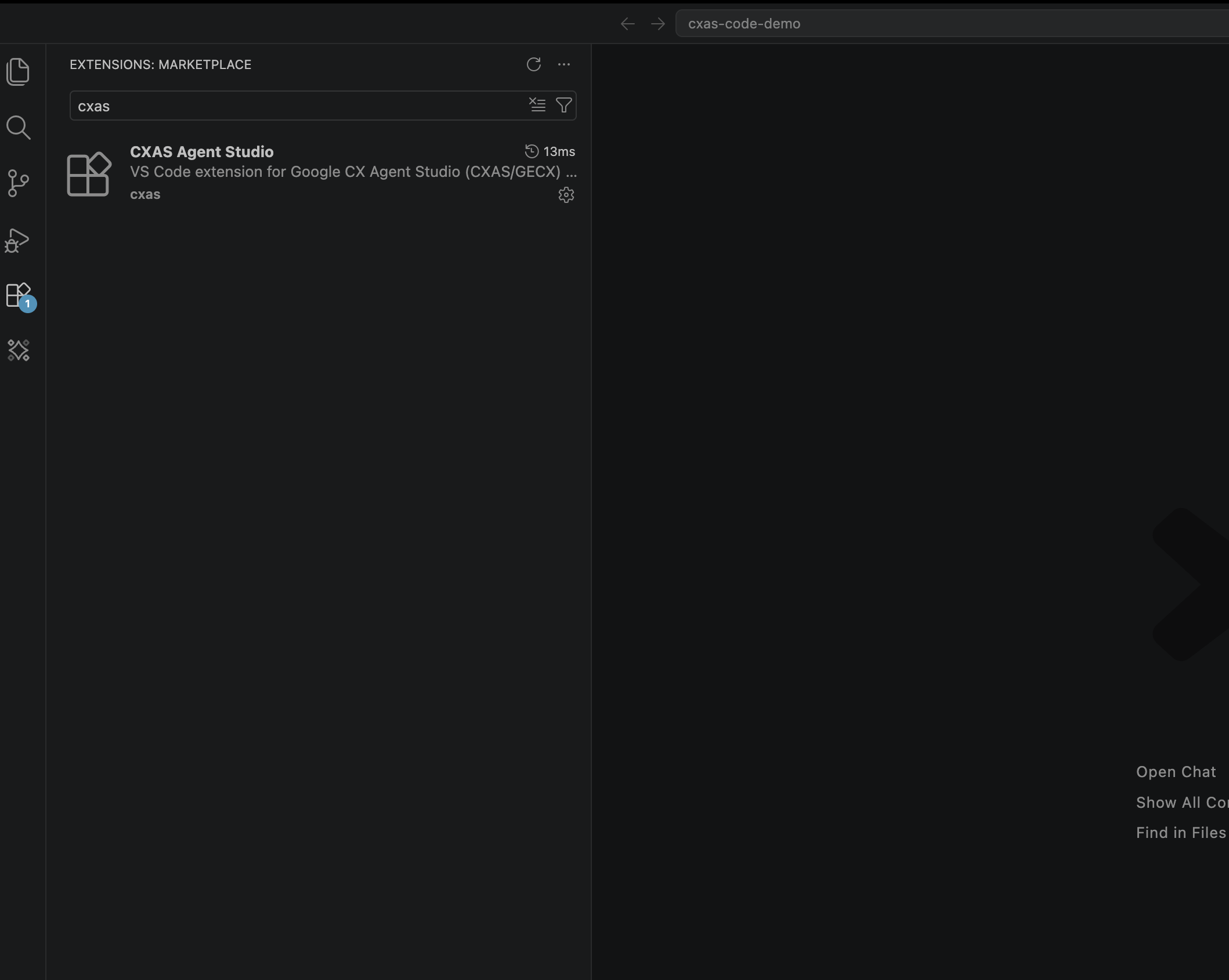 Extensions search filtered to 'cxas' showing CXAS Agent Studio installed