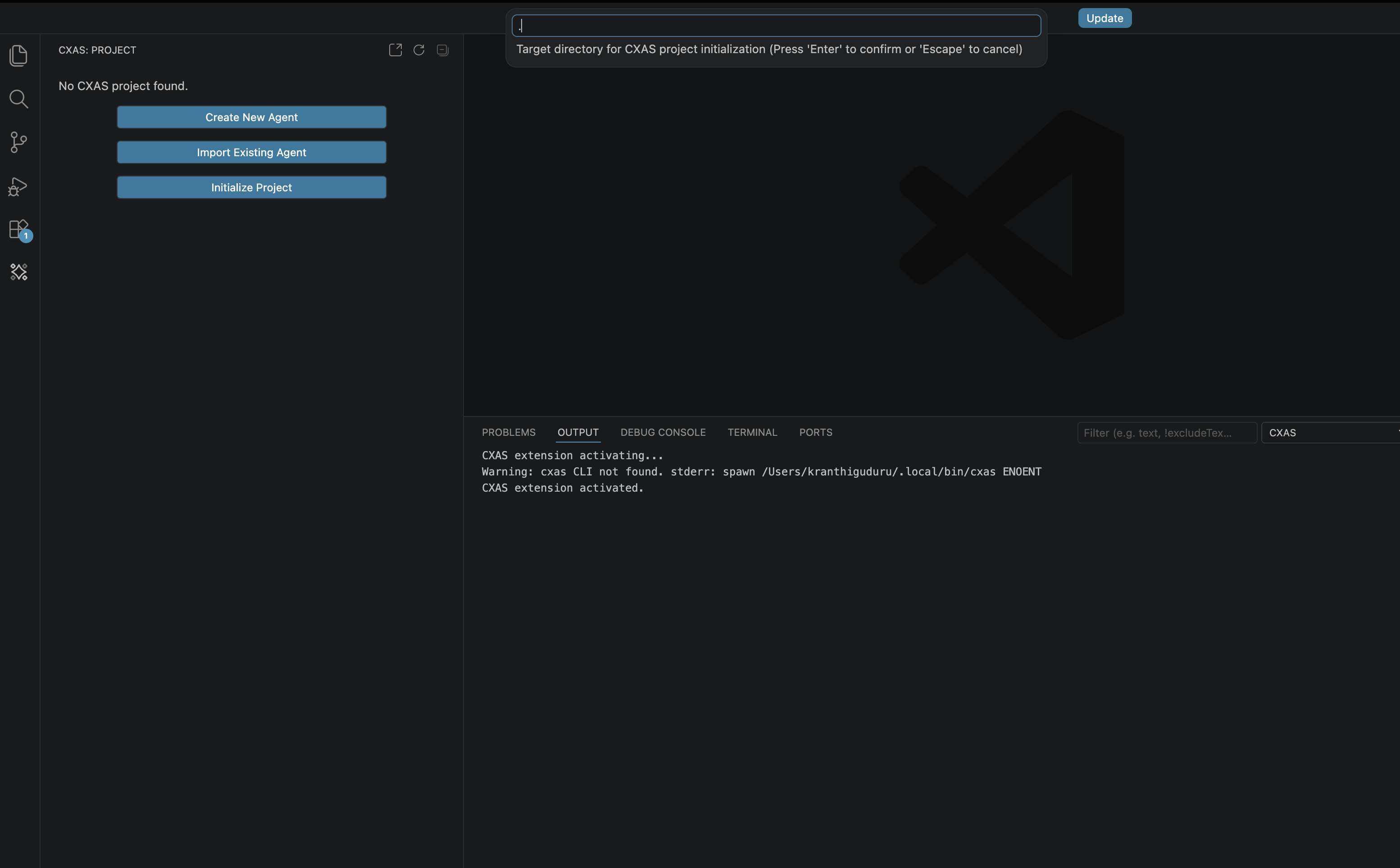 Input box prompting 'Target directory for CXAS project initialization' with default value of '.'
