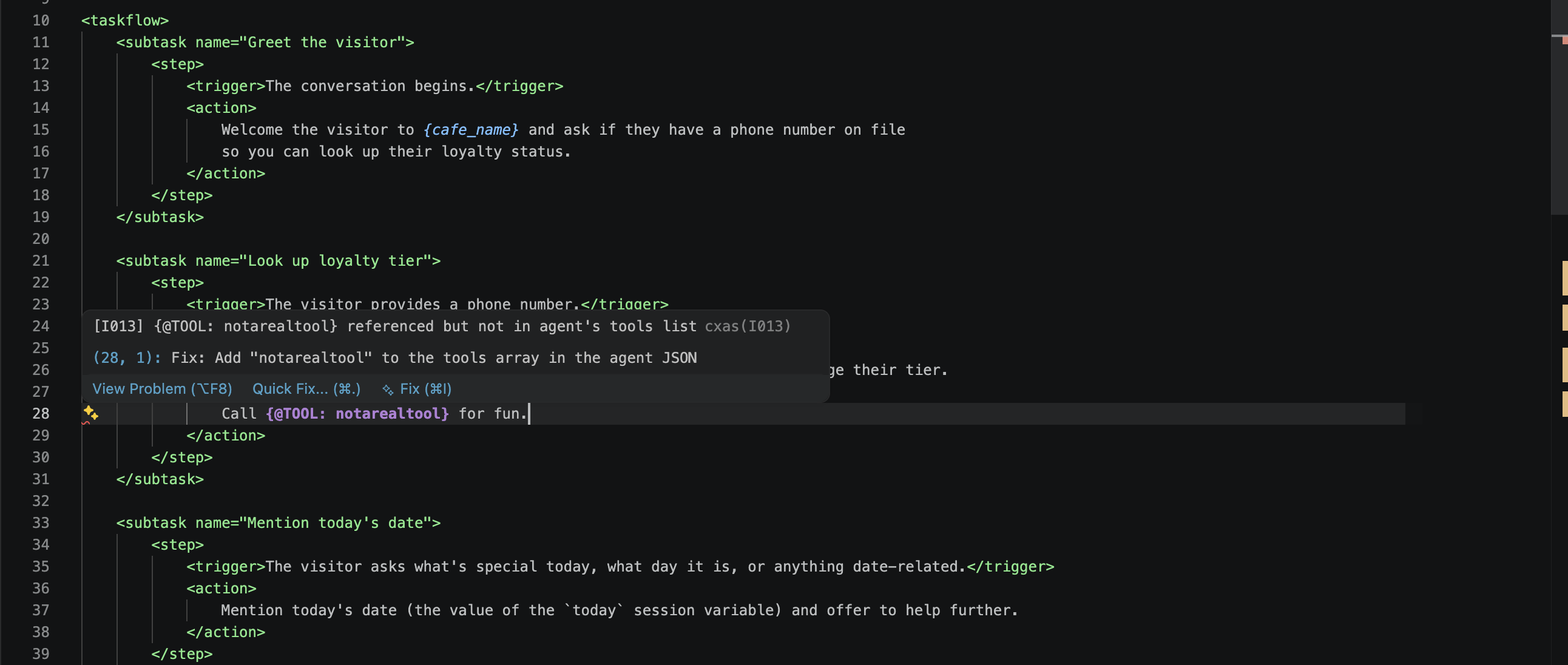 instruction.txt with the line 'Call {@TOOL: notarealtool} for fun.' highlighted with a red squiggle under 'notarealtool', and an inline tooltip reading '[I013] {@TOOL: notarealtool} referenced but not in agent's tools list cxas(I013)' with a Quick Fix offered to 'Add notarealtool to the tools array in the agent JSON'