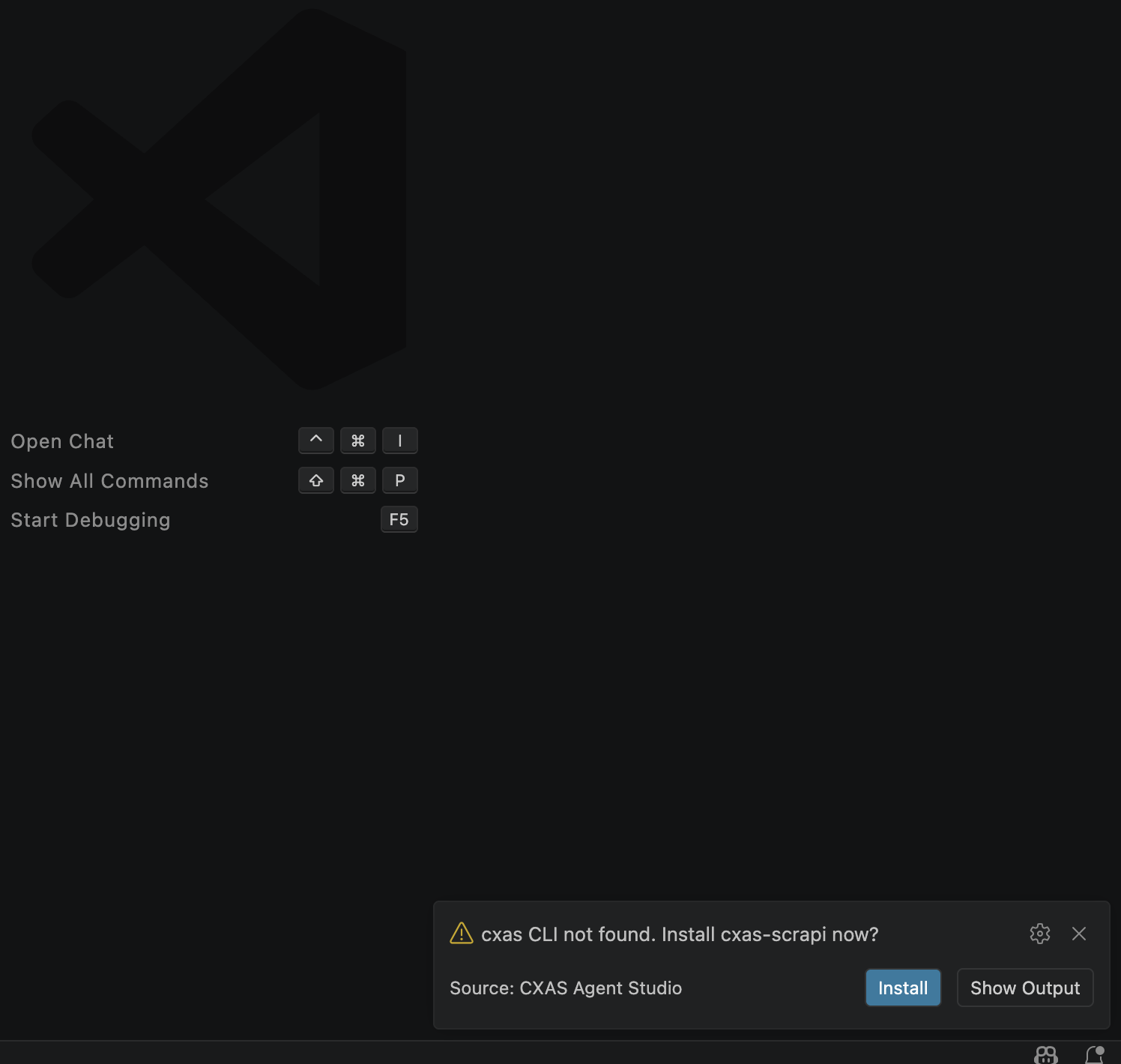 VS Code notification reading 'cxas CLI not found. Install cxas-scrapi now?' with Install and Show Output buttons