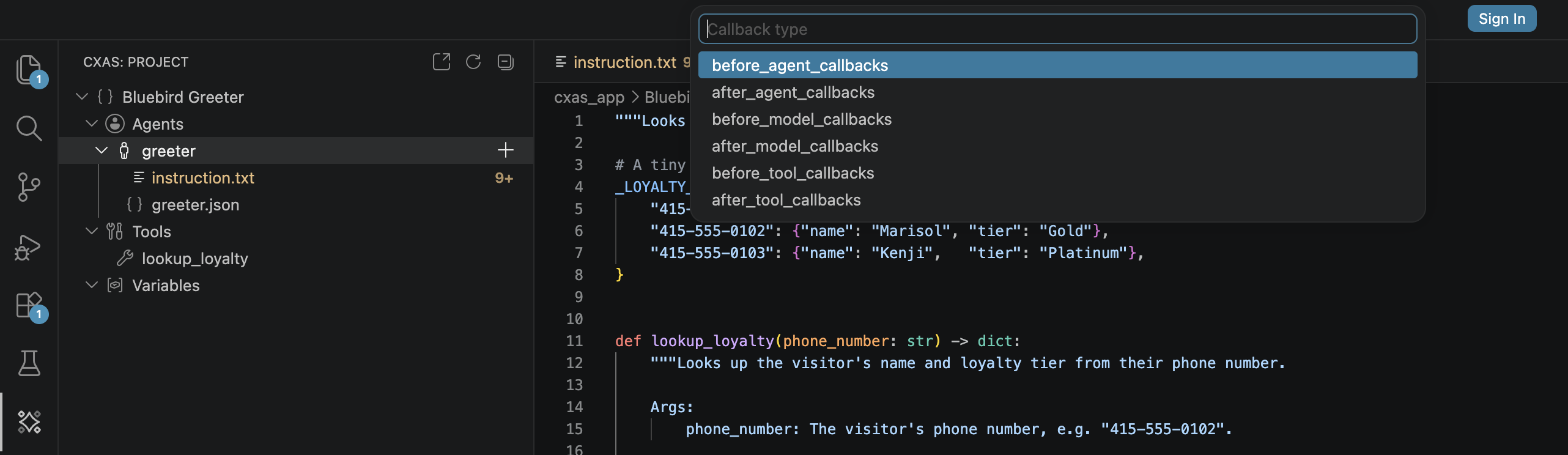 QuickPick titled 'Callback type' with options before_agent_callbacks, after_agent_callbacks, before_model_callbacks, after_model_callbacks, before_tool_callbacks, after_tool_callbacks