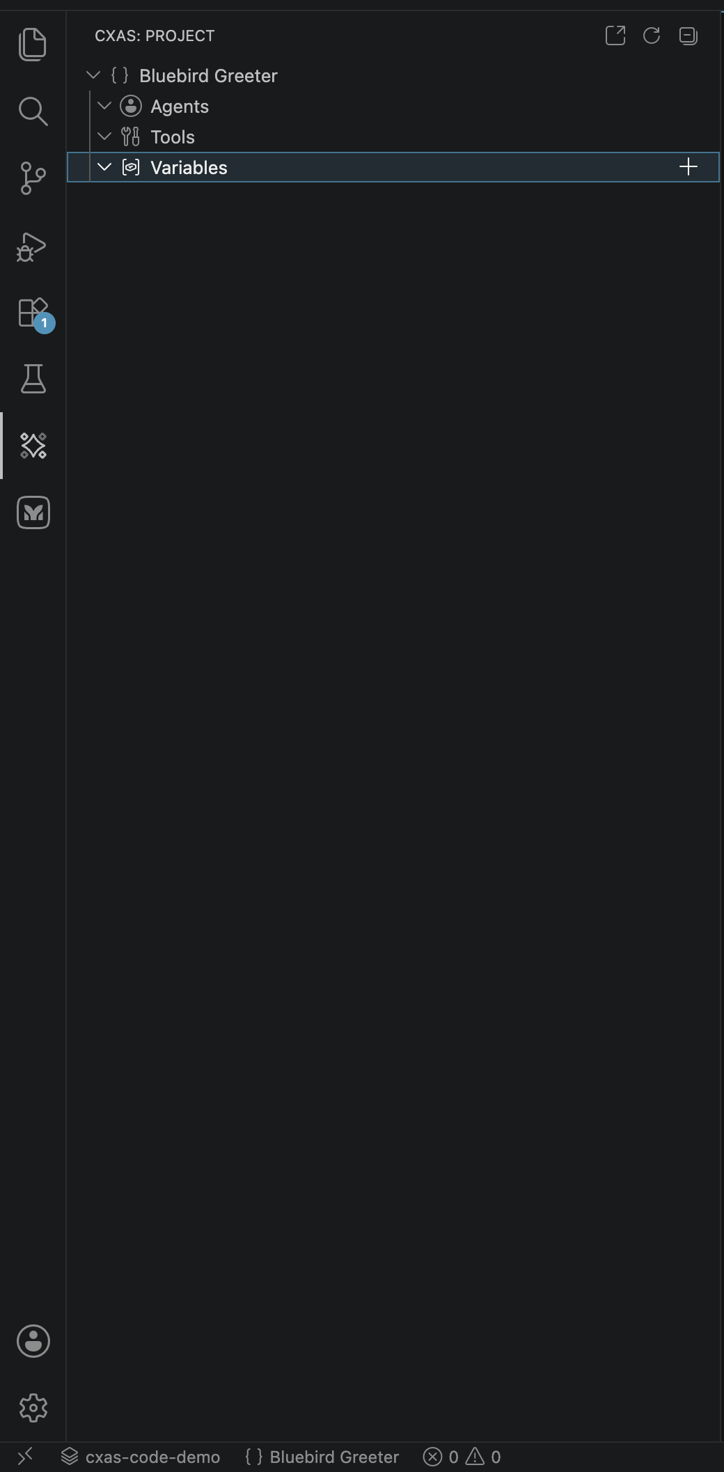 CXAS Project tree showing the Bluebird Greeter app node with Agents, Tools, and Variables groups expanded but empty