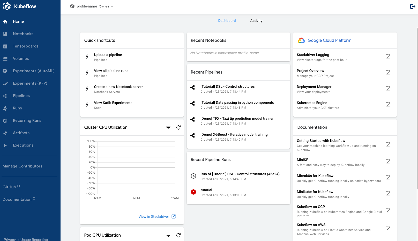 Kubeflow on Google Cloud: central dashboard