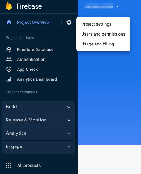 Project settings for your Firebase project